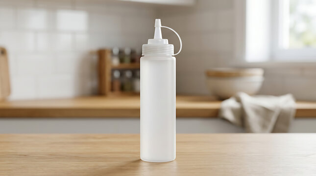 White plastic squeeze bottle for condiments on a wooden kitchen countertop with blurred background