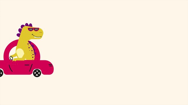 Cute dinosaur riding a car looping animation on white background