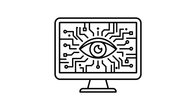 Digital eye icon on a computer screen representing artificial intelligence and surveillance technology.