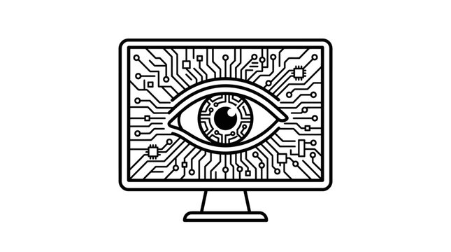 Digital surveillance concept with a computer monitor displaying an eye integrated into circuit board patterns.