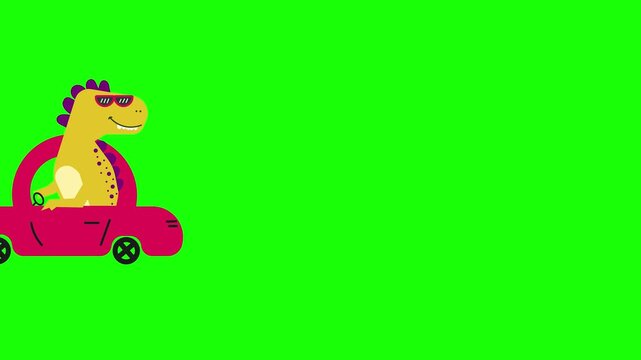 Cute dinosaur riding a car looping animation on green background