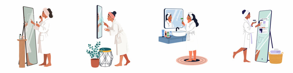 Fototapeta premium Collection of illustrations showing women using interactive smart mirrors for personalized skincare and beauty routines in their bathrooms.