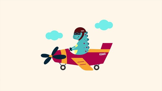 Cute dinosaur riding an airplane looping animation on white background