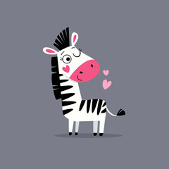 Obraz premium A cute zebra with hearts winks with one eye. A flat vector illustration in a simple, child-friendly style . Vector illustration