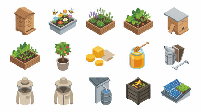 Colorful isometric icons of beekeeping and gardening tools.