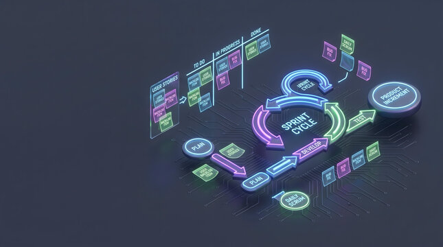 Glowing Isometric Scrum Agile Sprint Process Infographic.