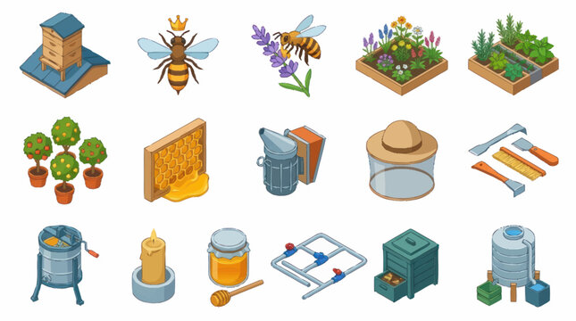 Colorful Isometric Beekeeping and Gardening Icons Set.