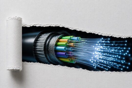 Torn paper revealing high speed fiber optic cable, broadband internet infrastructure, data transmission and telecommunications technology with copy space