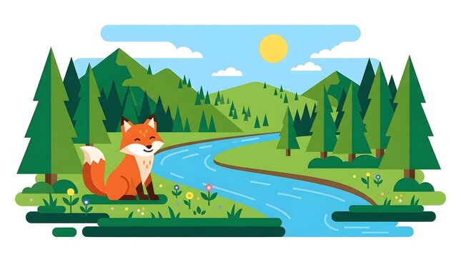 Cute flat vector illustration of a smiling fox sitting beside a winding river surrounded by pine trees, mountains, flowers, and a sunny sky. Perfect for children's books, wildlife education, nature-th