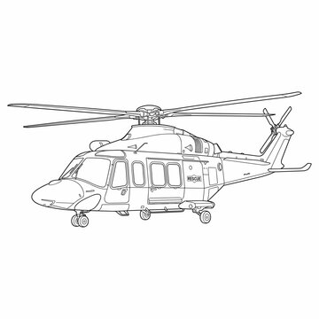 Detailed line art drawing of a modern twin-engine helicopter with landing gear extended, suitable for coloring or technical illustration.