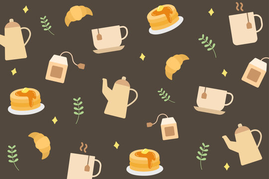 Afternoon tea seamless pattern. Teapot, tea bag, teacup, croissant and pancake on dark brown background. Warm caf&eacute; style. Seamless vector pattern.