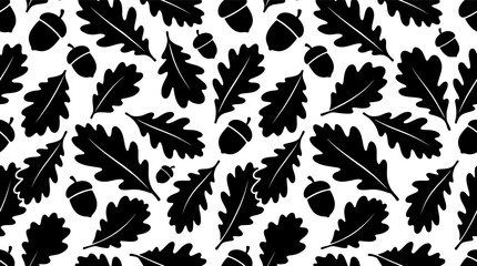 Seamless pattern with black oak leaves and acorns in a simple hand drawn style Vector © alien AZ