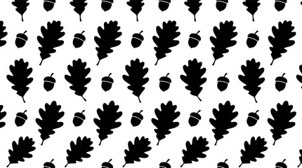 Black and white pattern of oak tree leaves and small acorns in a simple hand drawn style Vector © alien AZ
