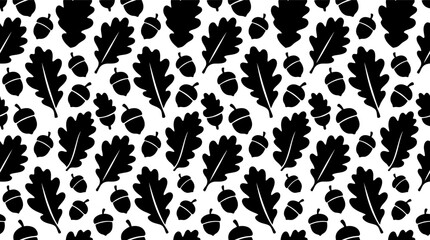 Seamless pattern with black oak leaves and acorns on a simple repeating background design Vector © alien AZ