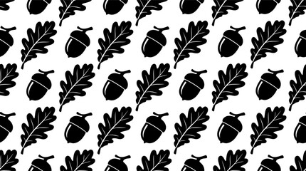 Seamless pattern with black hand drawn oak leaves and acorns on a simple surface Vector © alien AZ