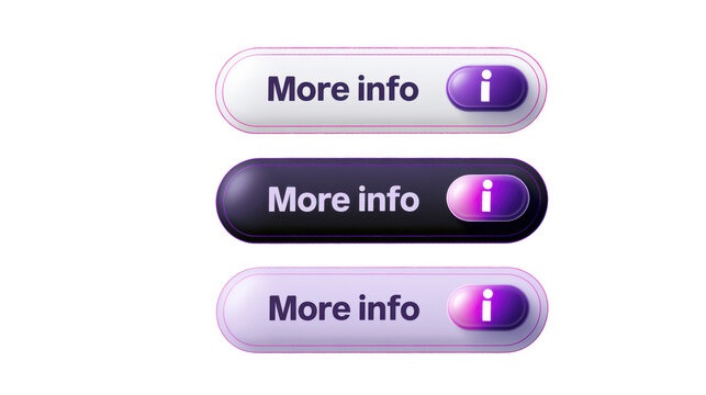 3D&nbsp;More info buttons with purple glossy icons and modern rounded shapes isolated on transparent background