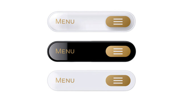 3D&nbsp;Modern menu button set with hamburger icons in gold and glass style on transparent background