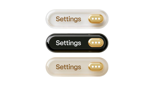 Three glossy 3D settings buttons with gold menu icons isolated in a row on transparent background