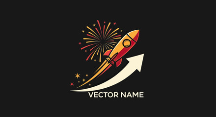 Rocket ship with fireworks and star trail logo © Zetar