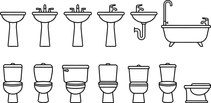 Set of bathroom sanitary ware line icons featuring modern washbasins, toilets, bathtub, and bidet for interior design