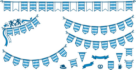 Bavarian Bunting and Garland Vector Set with Blue and White Diamond Patterns Flags Banners Ribbons Lion Crest and Oktoberfest Party Celebration Decorative Elements © Saidi
