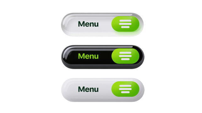 Glossy menu button set featuring modern rounded rectangular shapes with green icons on transparent background