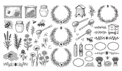 Professional Honey Bee Outline Vector Illustration Set with Honeycomb Jars and Organic Botanical Elements © MdShojib