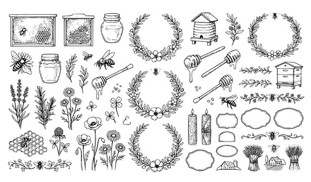 Professional Honey Bee Outline Vector Illustration Set with Honeycomb Jars and Organic Botanical Elements