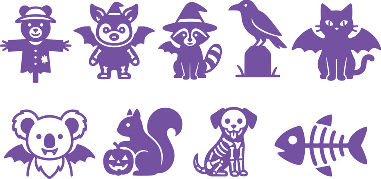 Cute purple Halloween animal silhouette icon set featuring a scarecrow bear witch raccoon skeleton dog vampire koala winged cat and a dead fish bone vector graphic