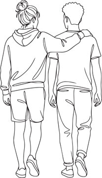 Continuous One Line Art of Couple Walking Together, Man and Woman or Friends From Back View with Arm Around Shoulder Vector Illustration