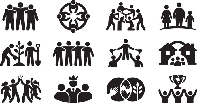 Teamwork and community icons set, business partnership, family, leadership and cooperation vector signs