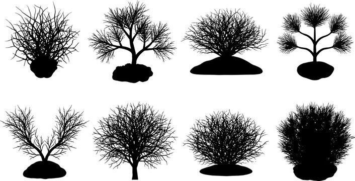Vector collection of black silhouette bare bushes, leafless winter shrubs, and dry tumbleweeds isolated on white background