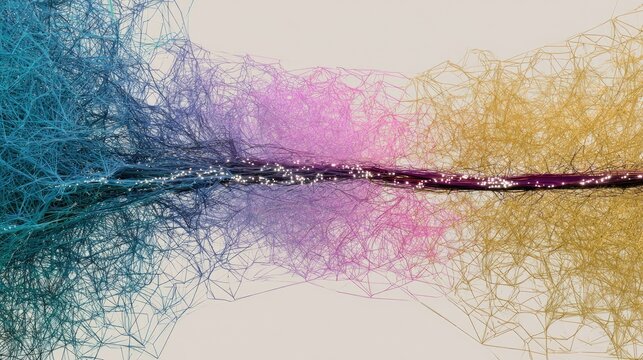Abstract network of glowing, multicolored threads converges and reflects
