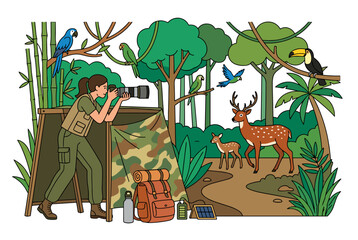 Obraz premium Wildlife photography expedition in tropical forest capturing birds and deer conservation concept