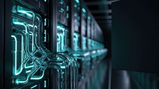 Futuristic server room with glowing blue tubes and dark metallic racks