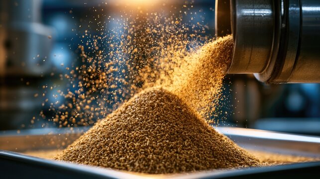 Fine golden granules pouring from a machine onto a textured surface