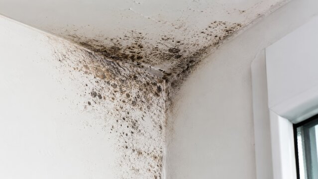 Black mold growing in damp corner of white wall