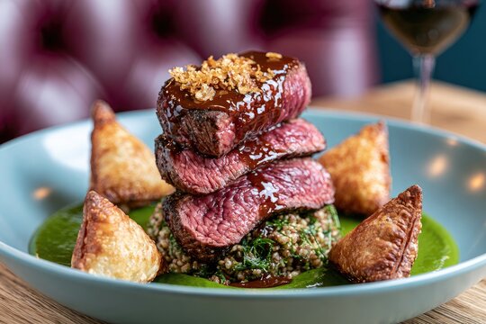 Savory steak and crispy potato wedges atop a bed of greens