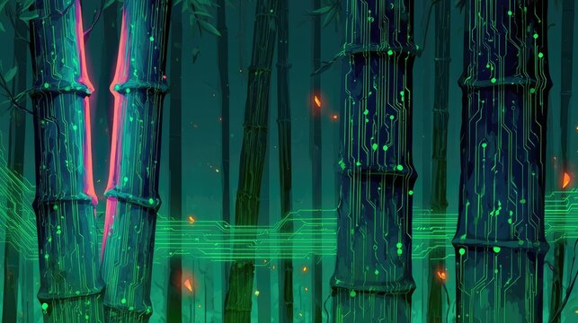 Futuristic bamboo forest with glowing circuits and neon energy
