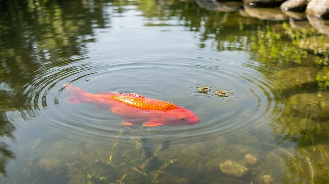 Brilliant scarlet carp gliding peacefully through quiet pond surface shimmering fish scales catching daylight above gentle water rings a pair of small amber bugs drifting on the glassy aquatics