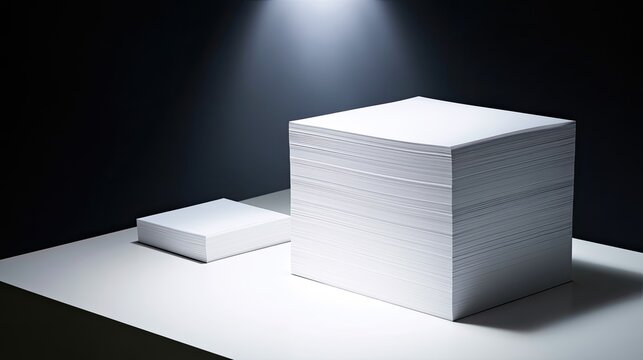 Stacked white paper squares illuminated by spotlights on a dark background