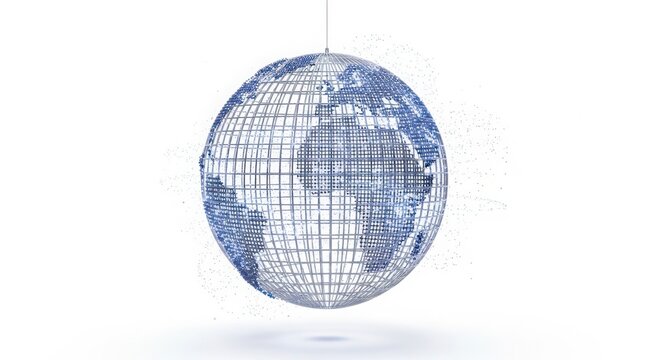 A shiny disco ball shaped like a globe with a world map pattern hanging in the air
