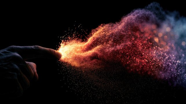 A fingertip touches a swirling cloud of colorful particles on black