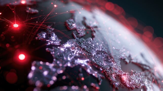 Global network connections glowing red across illuminated Earth
