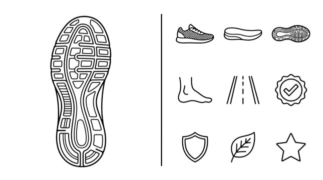 Running Shoe Sole and Sport Icons Line Art Set