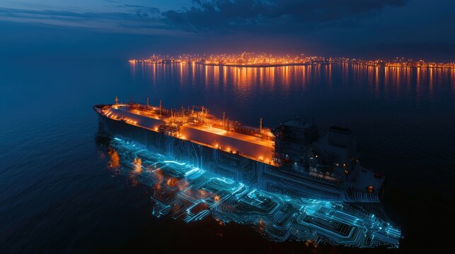 Large ship illuminated at dusk with glowing energy beneath the waves