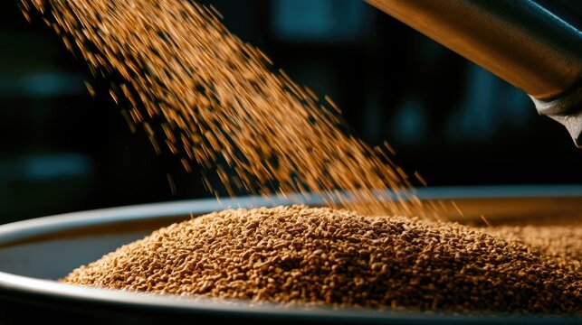 Grains pouring from a pipe into a large metallic bowl, close-up view