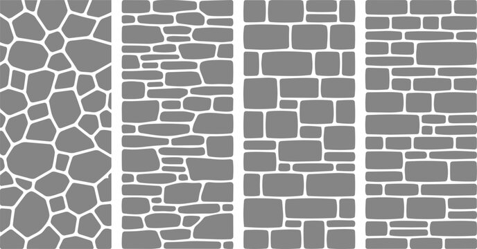 Minimalist vector graphic illustration showing four distinct stone wall patterns with grey blocks and grout