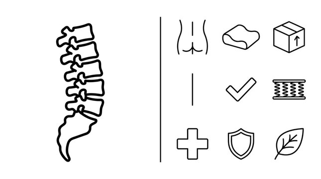 Spinal Health and Orthopedic Mattress Features Icons Set