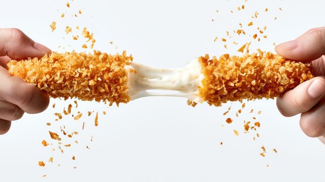 Crispy fried cheesy snack stretched between two hands, white background